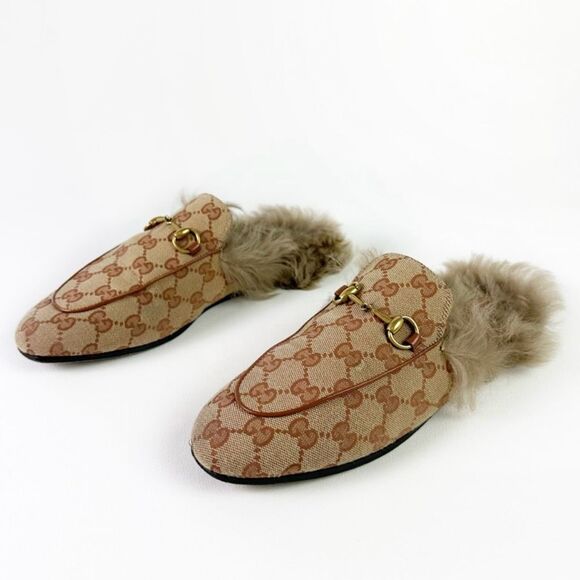GUCCI Princetown Brown Canvas Fur Mule Size 38 Horsebit Slip On Loafer Slipper - Picture 1 of 14